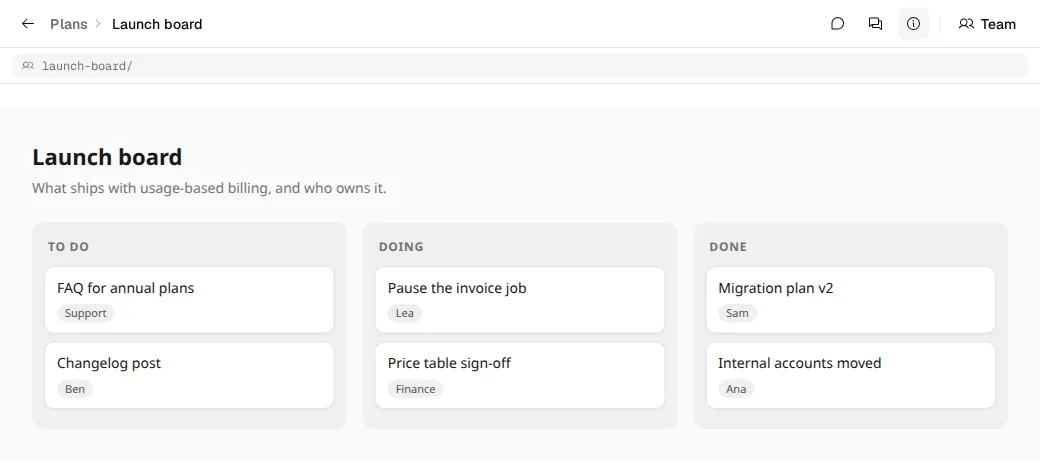 An app drop: a launch board with To do, Doing and Done columns, running inside Drop