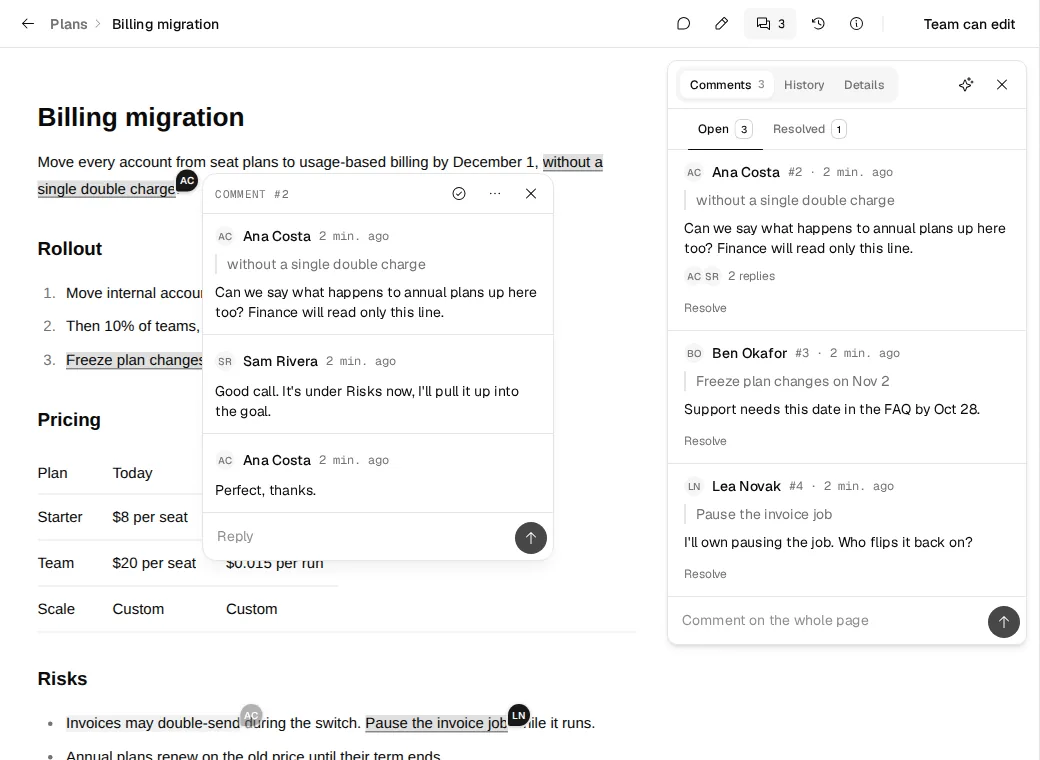 A plan with three pinned comments; one thread is open with two replies, and the Comments panel lists the rest