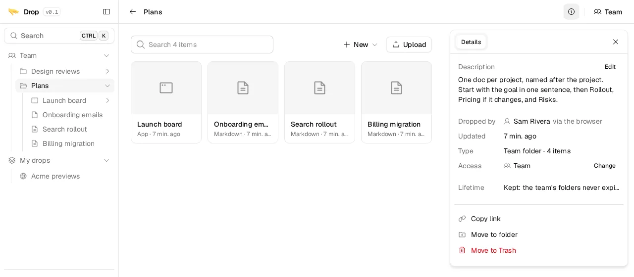The Plans folder with four drops, and its Details panel showing the folder's description