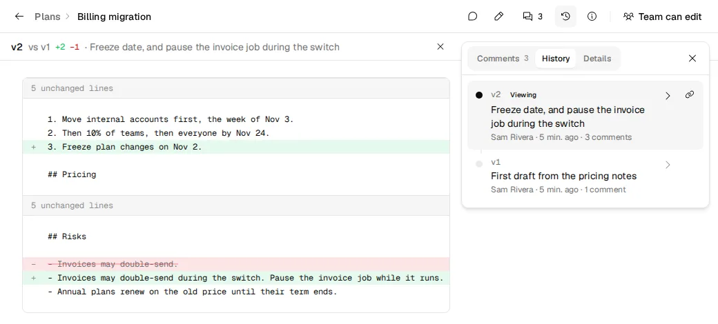 History beside a doc: v2 compared with v1, one line added under Rollout and one rewritten under Risks