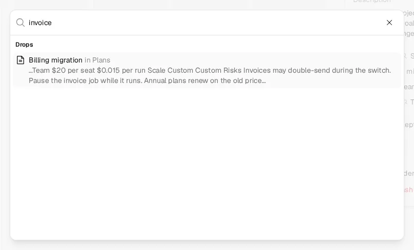 The search palette: the word invoice finds the Billing migration doc in Plans, with the matching text