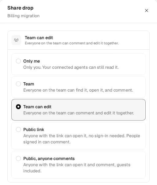 The Share dialog with five options: Only me, Team, Team can edit, Public link, and Public, anyone comments