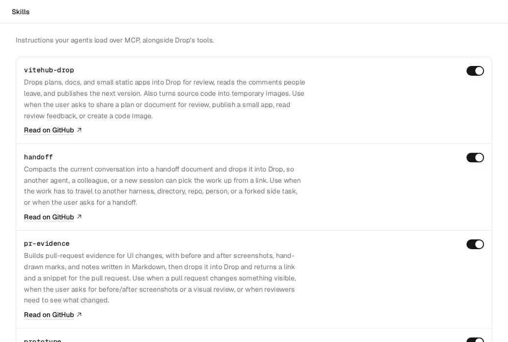 The Skills page listing vitehub-drop, handoff, pr-evidence and prototype, each switched on