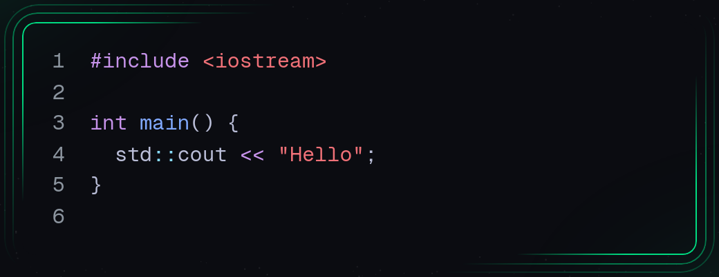 C++ hello-world code rendered as a Nuxt-themed image